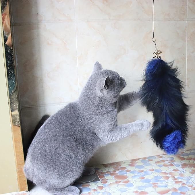 Fosrion Real Colored Yellow Silver Fox Tail Fur Hair Cat Bites Hunting Catching Accompanying Toy (Tanned Blue, Only Tail)