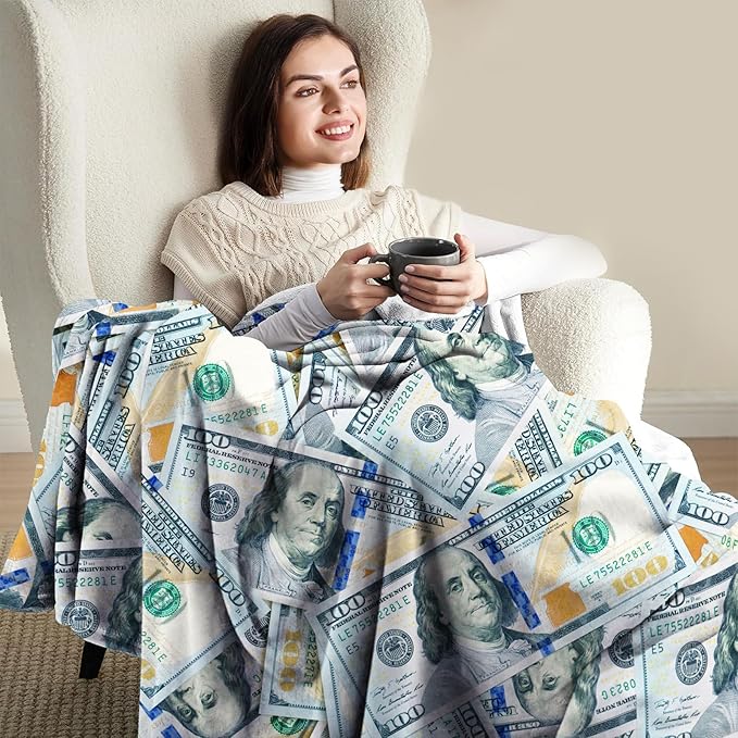 Money Blanket 100 Dollar Bills Print Gifts for Men Boys Women Kids Birthday Christmas Valentine Presents for Dad Mom Husband Wife Teens Wealth Theme Decor Bedroom Living Room Soft Cozy Throws 60"x50"