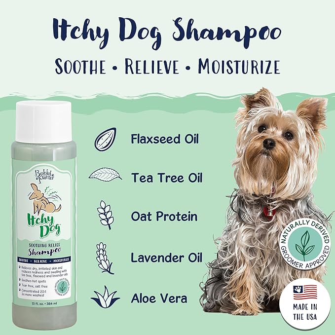 Bobbi Panter Itchy Dog Shampoo for Soothing Skin Relief, Naturally Derived Ingredients, Tear-Free, Salt-Free, Paraben-Free, pH-Balanced, 20:1 Concentrated Formula, Green Apple Scent, 13 Oz.