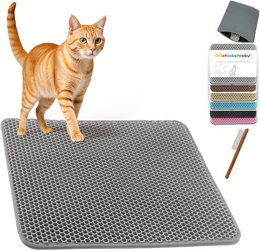 2025 𝗡𝗘𝗪 Waterproof Cat Litter Mat | Double Layer EVA, Odor-Free Large Grid | Urine Proof & Easy Cleanup | Soft on Paws | Versatile Design for Litter and Feeding (Gray, 22×31)
