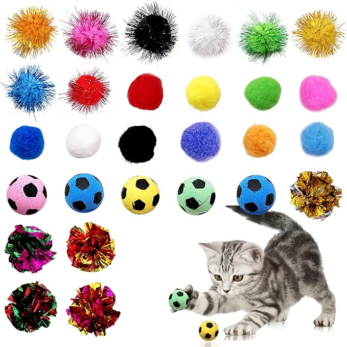 PET SHOW Pack of 30pcs Cat Toy Balls Set Interactive Pompoms Kitten Toys Golden Thread Ball Paper Balls Quiet Indoor Outdoor Footballs Play Activity Chase Training