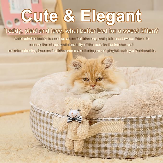 Jiupety Teddy Donut Bed for Indoor Cats, Washable & Warm Small Dog Bed, Cute Fluffy Round Kitten Bed, Suitable for Cat and Puppy, Anti-Slip Calming Princess Kitty Bed, Camel, 26"×26", Fit 25lbs