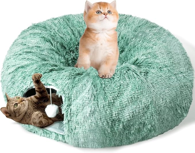Cat Tunnel Bed for Indoor Cats, Catasaurus Peekaboo Cat Cave with Washable Soft Play Mat, Furry Cat Tube, for Kitten/Puppy/Rabbit, Green