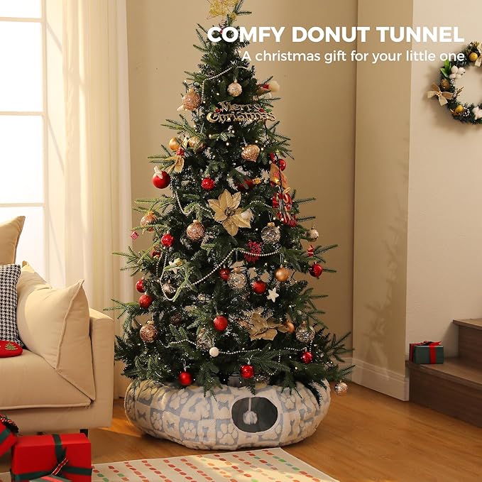 PEQULTI Cat Tunnel with Cat Bed for Indoor Cats, Cat Play Donut Tunnel with Washable Soft Plush Mat, Round Cat Tunnel Toys Cute Cat Tube for Kittens, Puppies, Rabbits and Ferrets, Blue