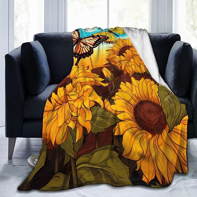 Butterfly Sunflower Blanket Gifts for Grils Women Sunshine Floral Flannel Throw Blankets for Home Couch Bed Sofa Soft Fuzzy Lightweight Decor All Season 60x50 Inches