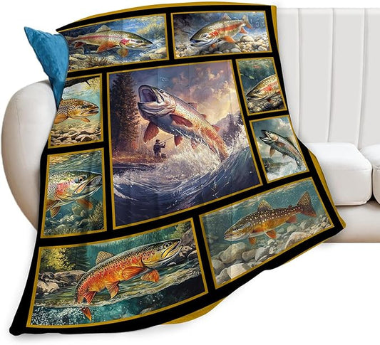 Fishing Throw Blanket Ultra Soft Cozy Rainbow Trout Fish Blanket Fleece Fuzzy Plush Fishing Lovers Decor Gifts for Women Girls Adults Couch Sofa 50"x40"