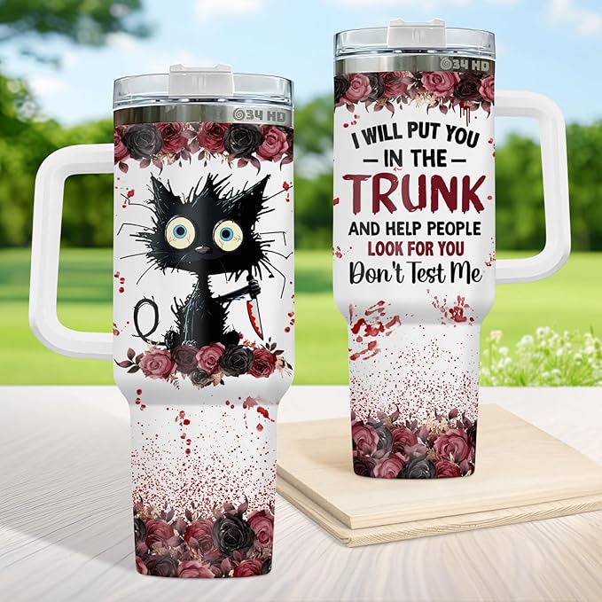 34HD Crazy Cat Tumbler with Lid & Straw, 40 oz Stainless Steel Vacuum Insulated Put You In The Trunk Mug, Funny Gifts for Cat Lover Women Men, Black Kitty Gifts for Birthday Halloween Christmas
