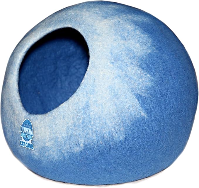 Felt Cat Cave Bed, Handmade Covered Cat Bed Cave, Wooly Cave for Cats, Dome Shaped Cat Pod, Cat Beds & Furniture, Felt Cat Beds for Indoor Cats (Light Blue and White)