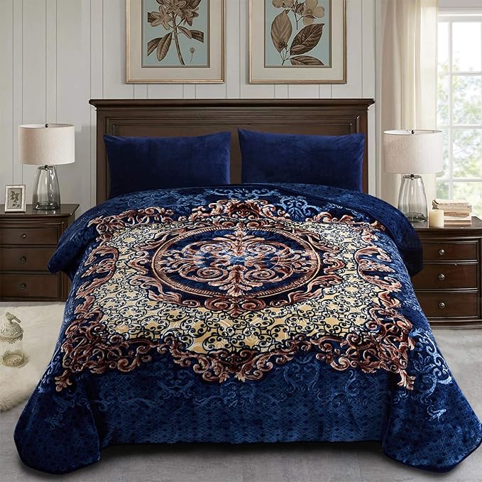 JML Fleece Blanket King Size, Heavy Korean Mink, 85 X 95 Inches, 9 Lbs, Soft and Warm, Thick Raschel Printed Mink Blanket for Autumn, Winter, Bed, Home, Gifts, Royal Blue Flower