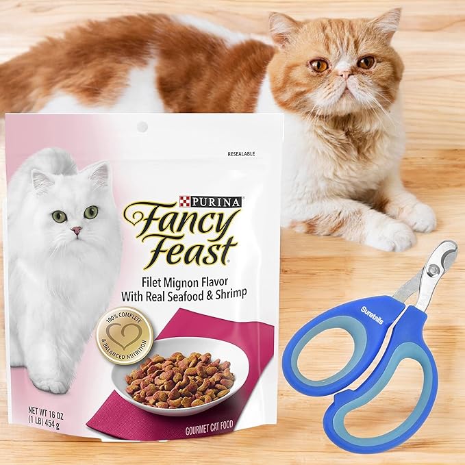Gourmet Filet Mignon Flavor with Seafood & Shrimp, 16 Oz - Crunchy Dry Cat Food, Complete Nutrition, Shrimp Food Dental Health - Bundle with Suretails Pet Nail Clipper Cat Dry Food [Pack of 2]