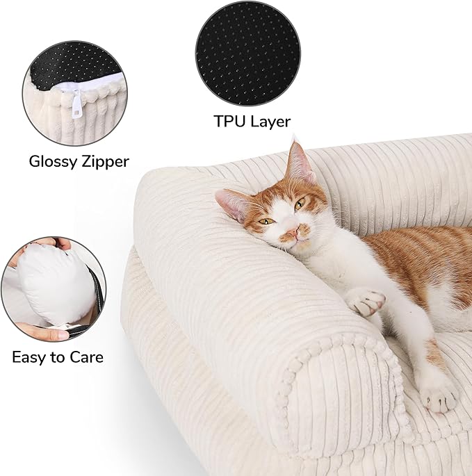 FUKUMARU Cat Couch Bed, Corduroy Cozy Cat Bed for Indoor Cats with Removable Washable Cover, Supportive Anti-Slip Dog Beds Sofa for Small Dogs Cute, 27inch, Medium, Cream