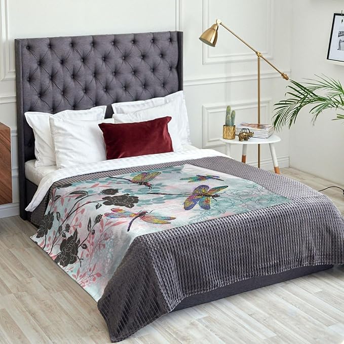 Dragonfly Throw Blanket Lightweight Soft Warm Flannel Fleece Blanket Cozy Air Conditioning Blanket for Men Women Girls Boys Chair Couch Bed 50"x40"