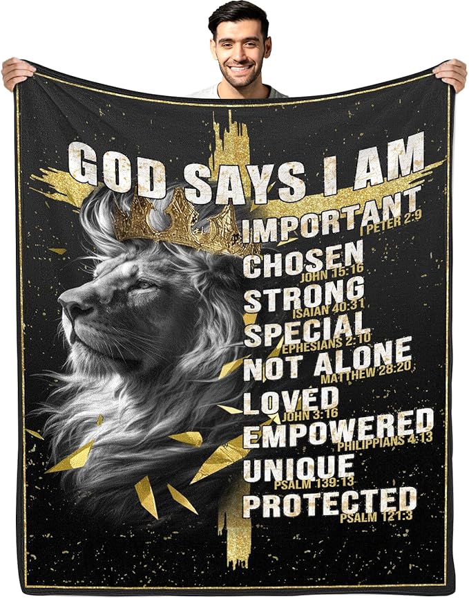 Christian Gifts for Men, God Says i Am Lion Blanket 80"x60", Inspirational Religious Birthday Gifts for Lion and cross Blanket, Christian Faith Jesus God Prayer Bible Verse Gift for Christmas
