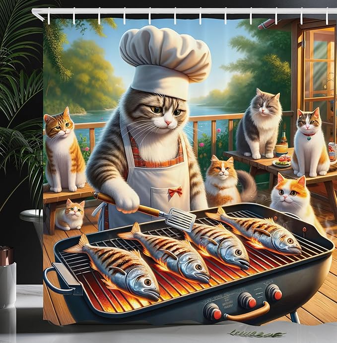 Ambesonne Cat Shower Curtain, Funny BBQ Themed Chef Kitty Grilling Fish for Pals Whimsical Backyard Barbecue Scene, Cloth Fabric Bathroom Decor Set with Hooks, 69" W x 70" L, Green Orange