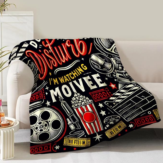 Movie Theme Blanket Gifts for Women Girls Boys Mom Men Cinema Theater Clapboard Film Popcorn Print Present for Kids Adults Teen Birthday Christmas Decor Home Couch Sofa Soft Cozy Flannel Throw 60"x50"