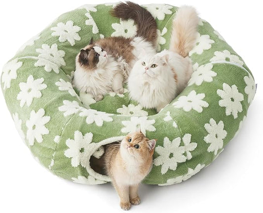 Lesure Large Cat Tunnel Bed for Indoor Cats - Cute Cat Donut Tunnel with Washable Circle Cushion, Round Pet Play Tunnel Toy for Kitten/Puppy/Rabbit,Green