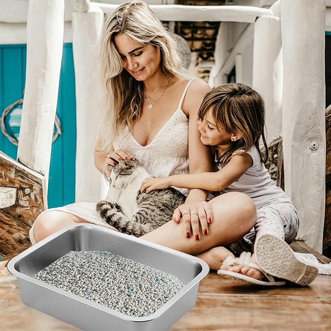 2 Pack Stainless Steel Cat Litter Box with High Sides, Metal Litter Box Non Stick Litter Pan and Pet Toilet for Cats, Kitten, Rabbits, 17.5 x 13.5 x 6 Inch