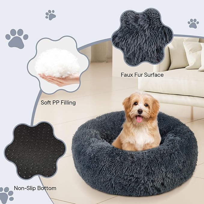 Calming Round Cute Cat & Dog Bed, Anti-Slip Washable Cozy Soft Round Pet Bed, Fluffy Faux Fur Plush Dog Cuddler Bed Fits up to 5 lbs Dogs and Cats(Donut Dark Grey, 16inch x 16inch)