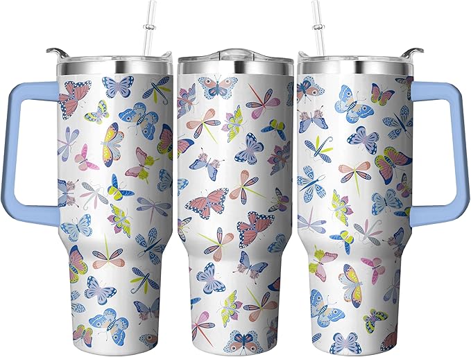 40 Oz Butterfly Tumbler with Handle and Straw, Double Wall Stainless Steel Cup, Butterfly Tumbler with Lid and Straw, 40 Oz Water Bottle and Mugs for Women Gifts