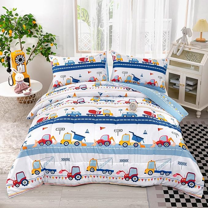 Cartoon Car Kids Comforter Set Twin,Construction Bedding Set Equipment Trucks Comforter Excavator Tractor Quilt Set with 1 Comforter 2 Pillowcases for Boys Girls Teens Adults Bedroom Decor(Blue Red)