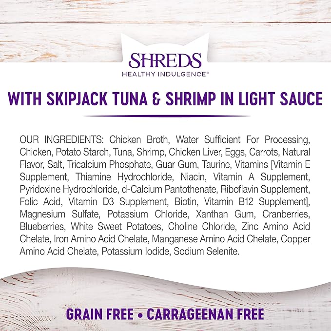 Wellness Healthy Indulgence Shreds Grain-Free Wet Cat Food, Made with Natural Ingredients and Quality Proteins, Complete and Balanced Meal, 3 oz Pouches (Tuna & Shrimp in Light Sauce, 24 Pack)