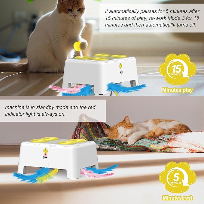 Cat Toys, Interactive Cat Toys, 2-in-1 Automatic Cat Toy, 4 Holes Mice Whack A Mole Cat Mouse Toy with Moving Feather, Portable USB Rechargeable Electronic Kitten Toys (White & Yellow)