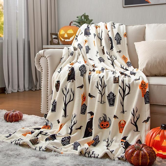 Haunted Halloween Blanket 50” x 70” Reversible Ghost Witch's Hat Print Fleece Throw Blanket, 320 GSM Surper Soft Warm Cozy Fall Blanket for Couch Sofa, Halloween Harvest Gifts and Home Pumpkin Decor