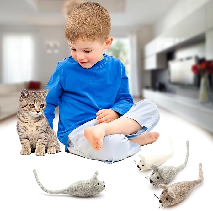 Glaciart One Felt Mouse Cat Toy – 3 Pcs | Soft Fuzzy Enrichment 100% Natural Wool Toy - Interactive Catnip Play Cat Toy Set - Safe for Pets, Non-AZO Colored Dyes
