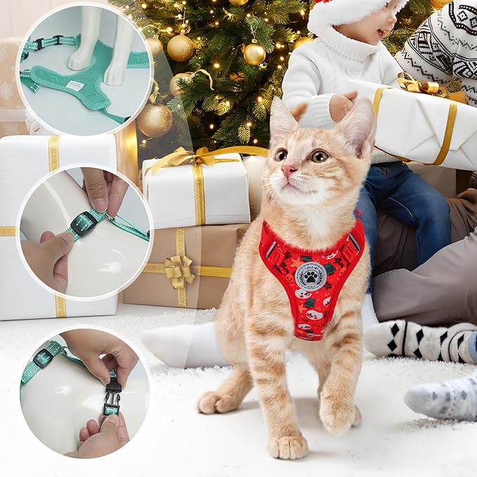 BEAUTYZOO Christmas Cat Harness and Leash Set Christmas Cat Escape Proof Adjustable Leash Cat Christmas Outfit, Comfortable Soft Christmas Vest, Neck Release with Reflective Strip