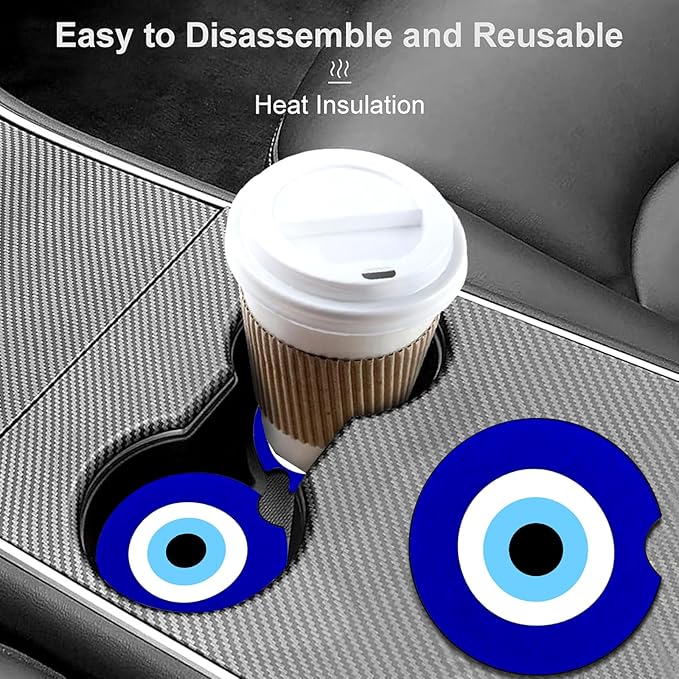 Car Coasters for Cup Holders,2 Pack Blue Evil Eye Car Cup Holder Coasters,2.75" Universal Size Anti Slip Rubber Mat,Automotive Cup Holder Decal Decor Accessories,Evil Eye Gifts for Men,Women Mom