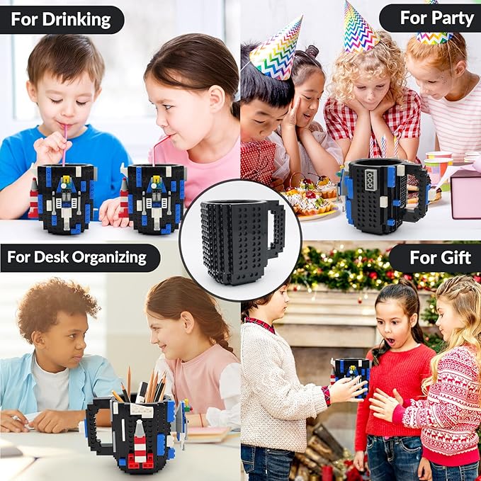 Build-on Brick Coffee Mug, Funny DIY Novelty Cup with Building Blocks Creative for Kids Men Women Xmas Birthday (Cool Black)