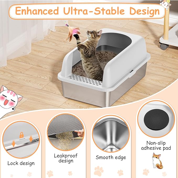 2 Pack Stainless Steel Cat Litter Box, 24'' XL Extra Large Cat Litter Box with Lid, Metal Litter Box for Multiple Cats, Anti-Leakage,Non-Stick, Easy to Clean, Included Cat Litter Mat, Scoop