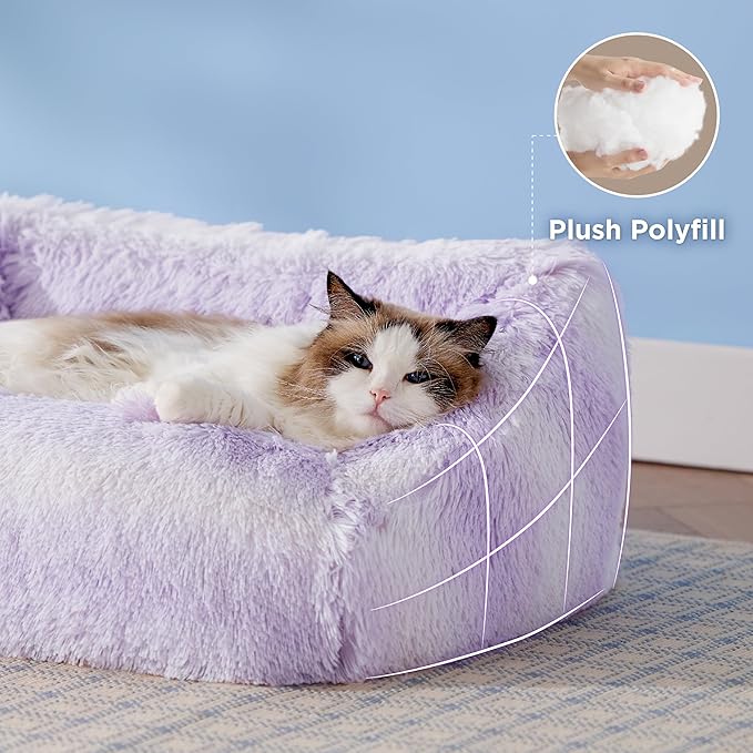 Lesure Cute Cat Couch Bed - Furry Indoor Cat Sofa Large, Washable Calming Small Dog Beds for Puppy with Fashion Design, 26x21x9inches, Purple Stripe