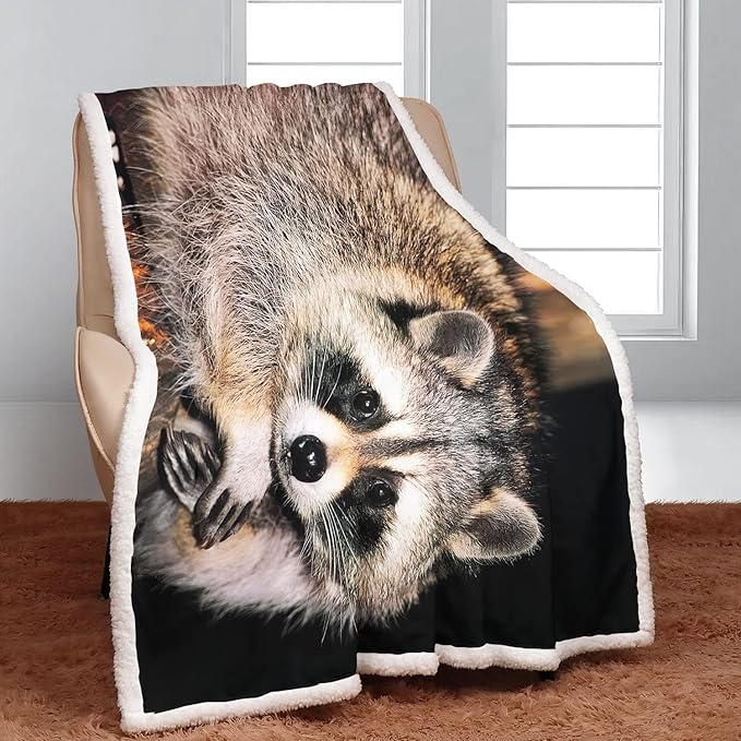 Raccoon Sherpa Blanket, Animal Print Fleece Throw Blankets for Couch Sofa Bed, Super Soft Warm and Lightweight, 50" x 60"