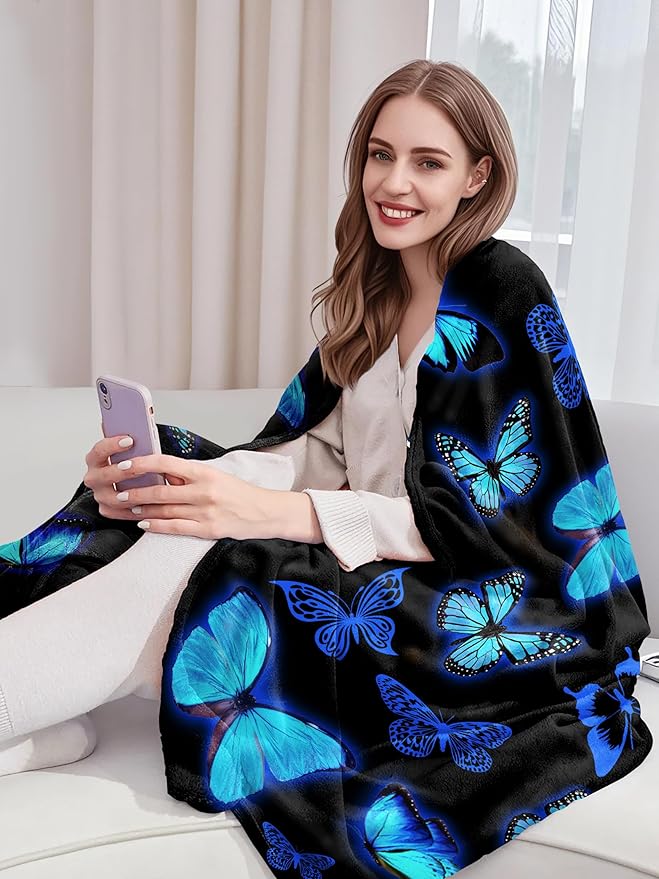 Blue Butterfly Blanket for Women & Girls, Butterfly Throw Blanket, Decor for Bedroom - 60" X 50"