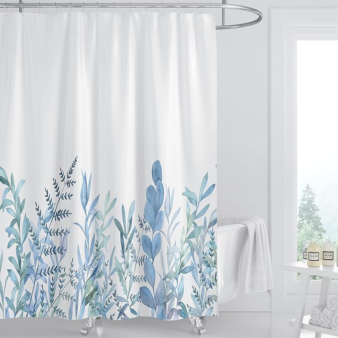 Blue Flower Shower Curtains for Bathroom,Watercolor Plant Leaf Shower Curtain, Eucalyptus Spring Shower Curtain with 12 Hooks, Waterproof Fabric Shower Curtains for Bathroom, 72x72inch