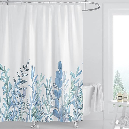 Blue Flower Shower Curtains for Bathroom,Watercolor Plant Leaf Shower Curtain, Eucalyptus Spring Shower Curtain with 12 Hooks, Waterproof Fabric Shower Curtains for Bathroom, 72x72inch