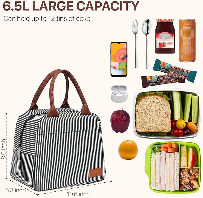Bagseri Insulated Lunch Bag Women - Lunch Bag for Women Men Reusable Lunch Box Leakproof Thermal Cooler Sack Food Handbags Case High Capacity for Work and Picnic (Black White Stripe)