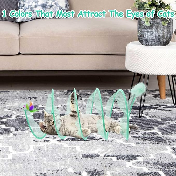Cat Tunnel, 1PCS Folded Cat Tunnel Toy, Yellow Kitten Tube Cat Springs for Indoor with Feather, Mouse Toys Interactive Cat Toy Tunnel Self-Happy Cat Toys, S-Type Collapsible Tent Cyan