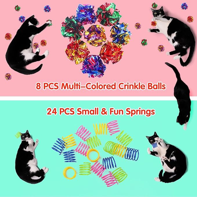 SEVENKA Cat Toys 8 Pcs Color Crinkle Balls and 24 Spring Toys, 2in/5cm Cat Toy Balls, Kitten Toys, Plastic Spiral Springs for Cat Swatting, Biting, Hunting, Active Healthy Play