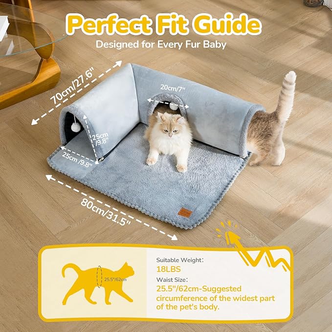 CATISM Cat Tunnel Bed, Cat Carpet Tunnel, Cat Tunnels for Indoor Cats, Cat Tunnel Rug, Detachable Cat Tunnel, Cat Bed Tunnel, Cat Tube 3 Ports + 2 Ceiling Balls + 1 Removable Feather Toys for Cats