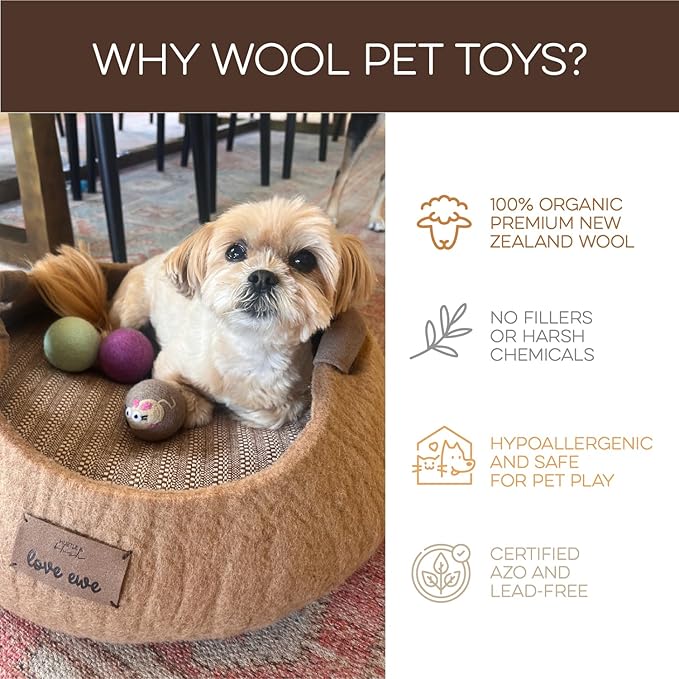 Hustle & Blush Wool Felt Balls 3 Pack Love Ewe Pet Supplies - 2in Felted Wool Cat Toys 100% New Zealand Wool Felt Cat Toys Handmade Wool Felt Balls, Colorful Wool Balls for Cats - Cat and Mouse