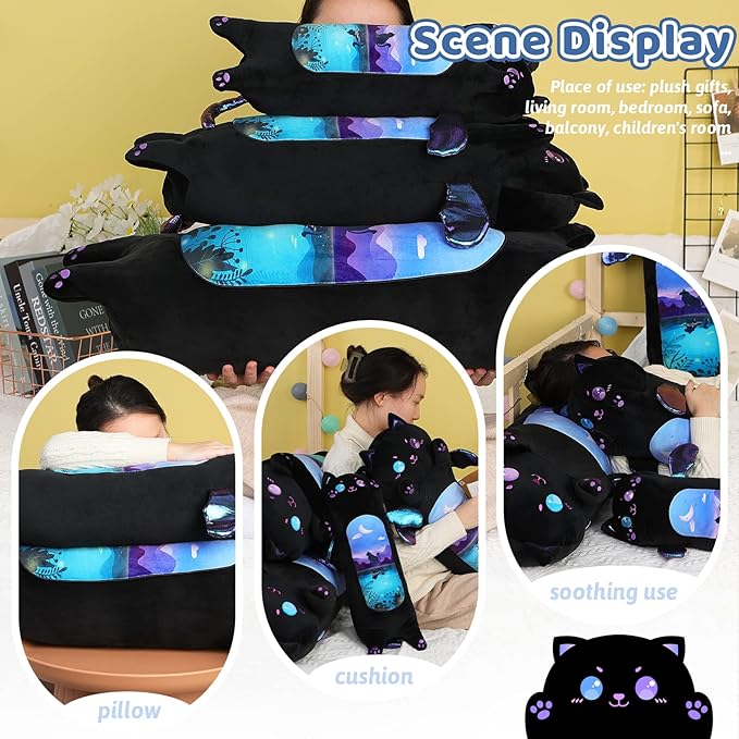 AIXINI Long Cat Plush Pillow Cartoon Cute Black Cat Stuffed Animals, Soft Kawaii Kitten Plushies Pillow Toy for Kids (Moonlight Black,43.3inch)