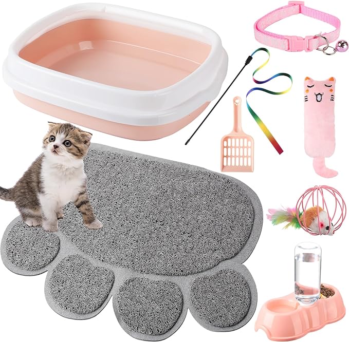7 Pcs Small Cat Kitten Starter Kit Cat Litter Box with Shovel Cat Paw Litter Mat Double Automatic Cat Bowls Cat Toy Teaser Stick Cat Collar Essentials Kits for 1-3 Lbs Beginner (Light Pink,Stylish)