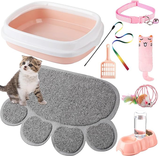 7 Pcs Small Cat Kitten Starter Kit Cat Litter Box with Shovel Cat Paw Litter Mat Double Automatic Cat Bowls Cat Toy Teaser Stick Cat Collar Essentials Kits for 1-3 Lbs Beginner (Light Pink,Stylish)