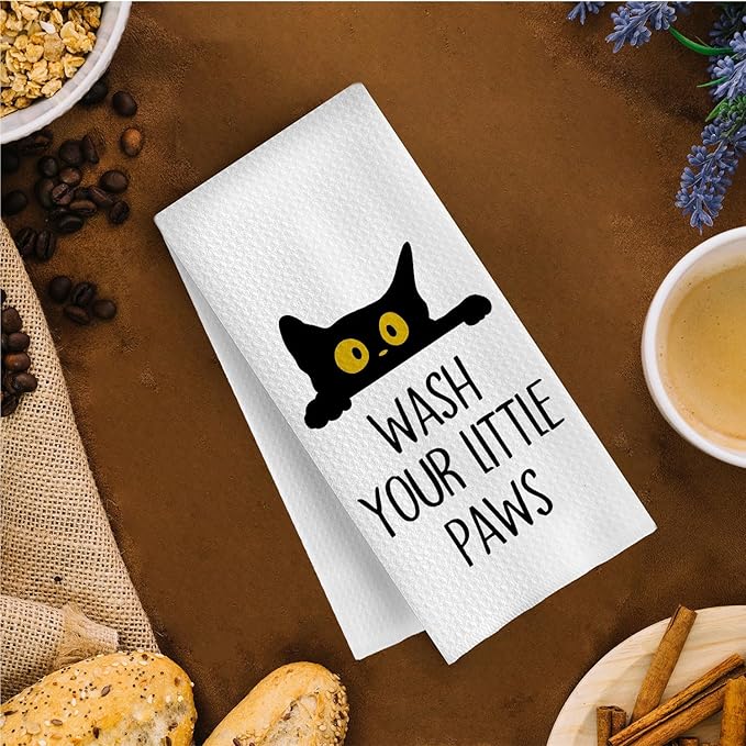Black Cat Hand Towels - Wash Your Little Paws Cat Decorative Waffle Weave Hand Towels for Kids Bathroom, Black Cat Gifts, Cat Themed Gifts, 16x24 Inch