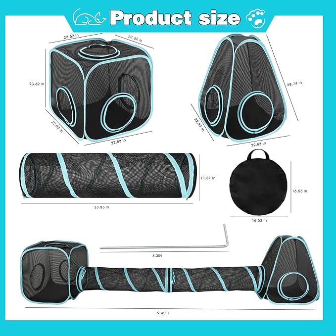 9.45FT Outdoor Cat Enclosures Portable Cat Playhouse, Pop Up Cat Tent with 33.86x 11.81IN Double Cat Tunnels DIY in Multiple Ways, Cat Playpen Play Tents for Cats Rabbits and Small Animals