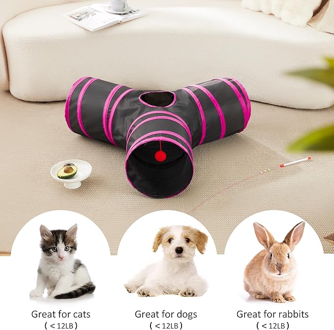 Love's cabin Cat Tunnel Tube Cat Toys 3 Way Collapsible, Cat Tunnels for Indoor Cats，Kitten Tunnel Bored Pet Cat Play Tunnel with Peek Hole Toy Ball for Cat, Kitty, Kitten, Rabbit, Puppy Red