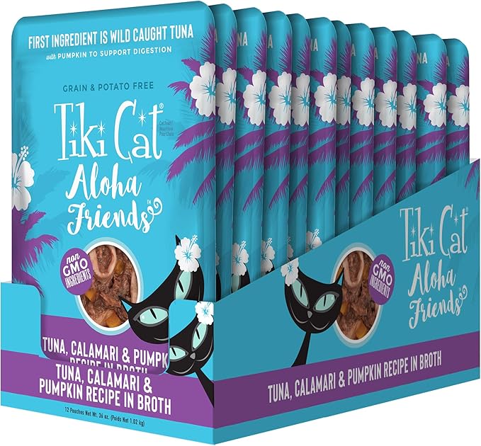 Tiki Cat Aloha Friends, Tuna, Calamari & Pumpkin, Grain-Free & High Moisture, Wet Cat Food for All Life Stages 3 oz. Pouch (Pack of 12)