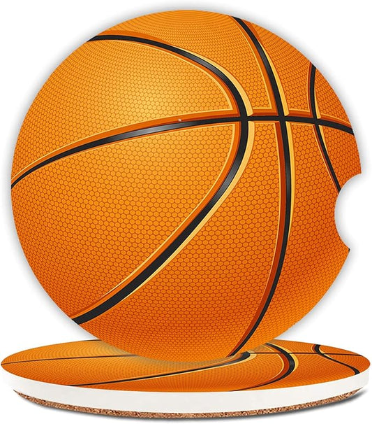 Basketball Absorbent Car Coasters,Cool Ceramic Cup Holders Coasters with a Finger Notch for Women Men 2.56"(2 Pieces)